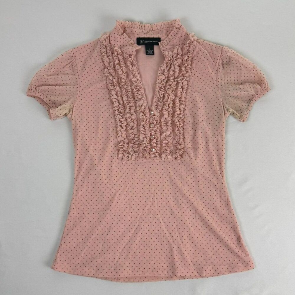 Inc International Concepts Women's Pink Polka Dot Ruffle Blouse - Petite